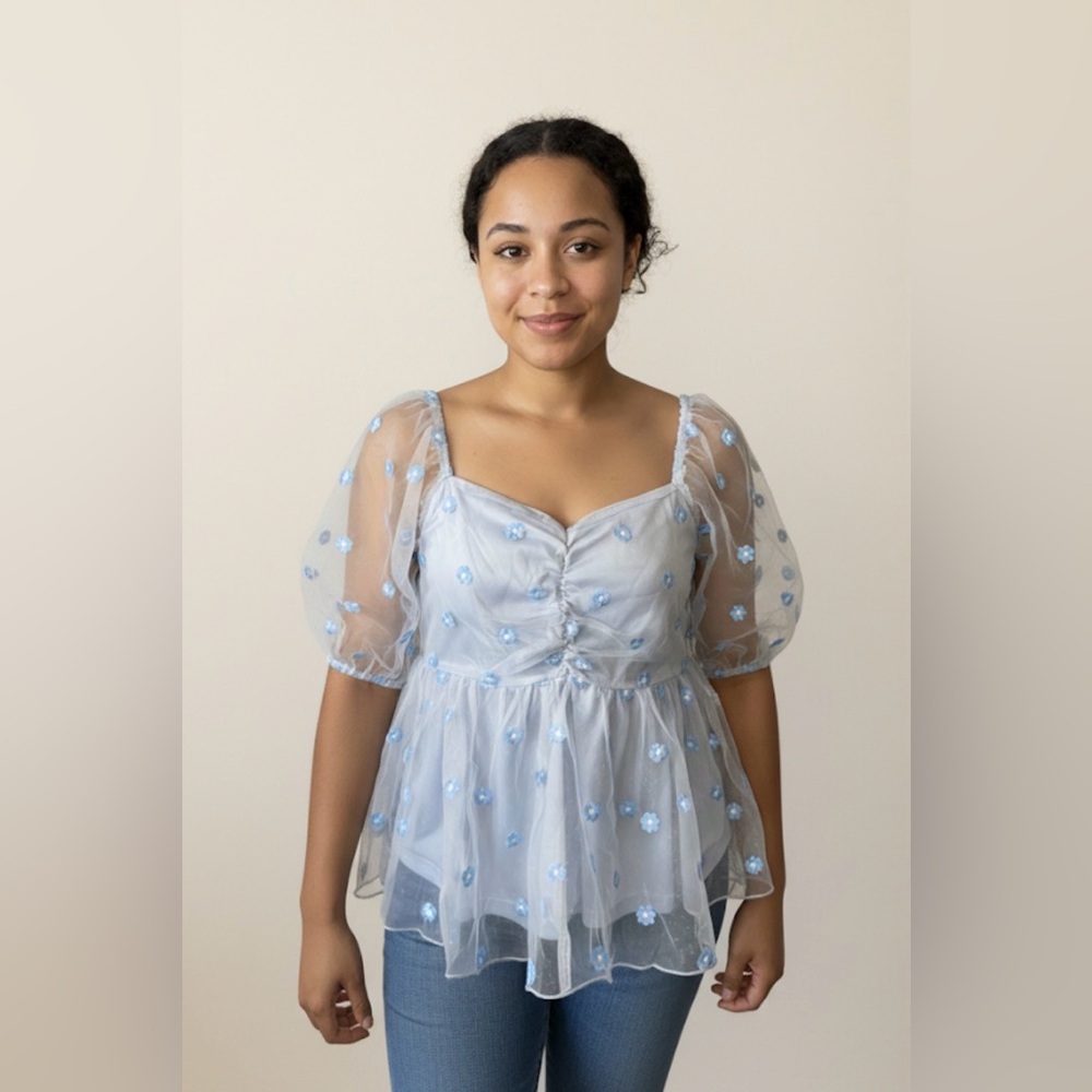 Arula Light Blue Floral Mesh Peplum Blouse Sheer Short Puff Sleeve